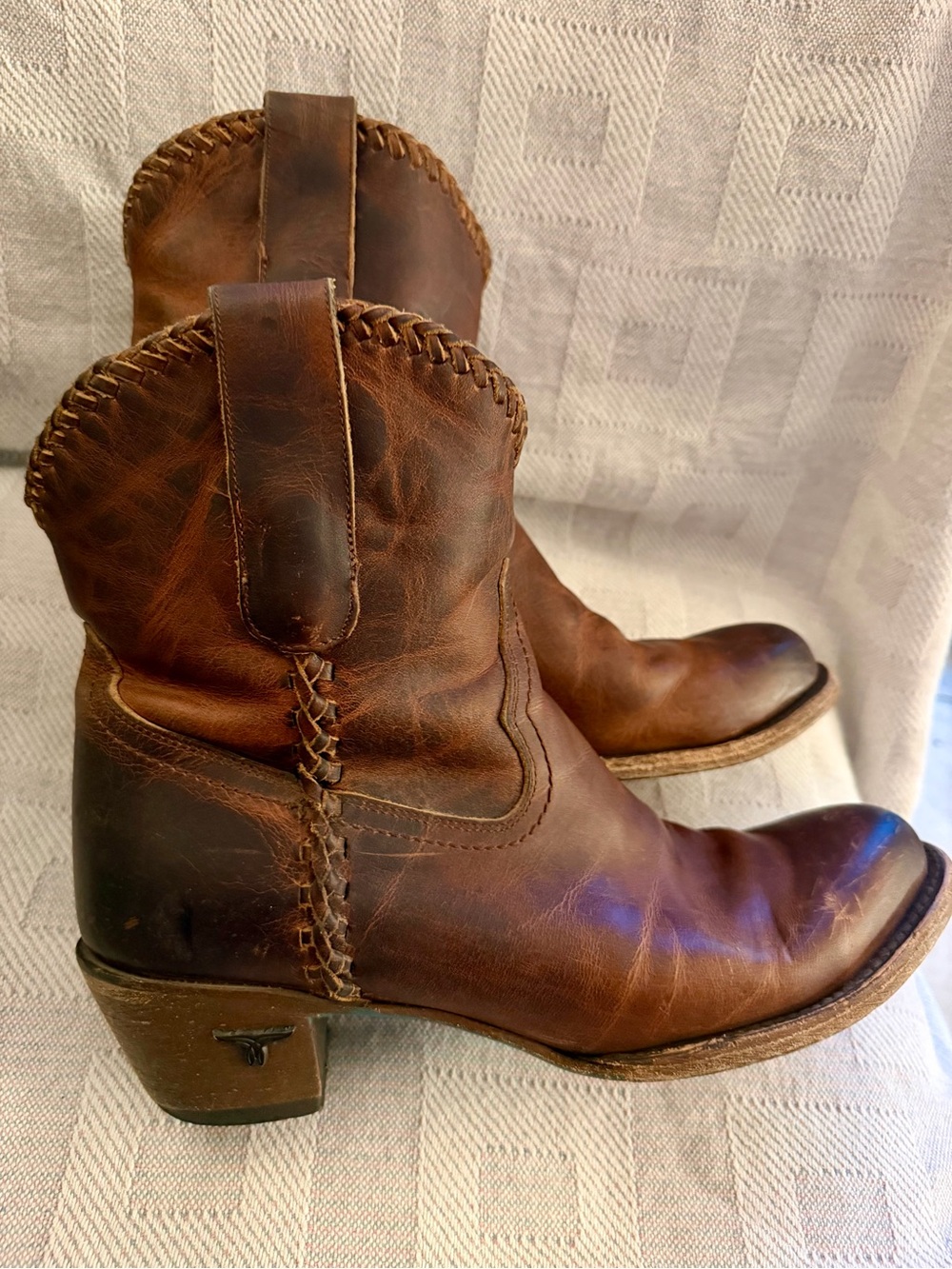 Lane Plain Jane Braided Leather Cowboy Booties Round Toe 8.5